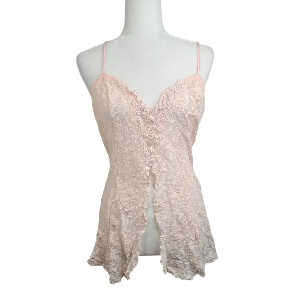 Vintage Cliche Blush Pink Lace Sheer Lace Camisole Lingerie Slip Dress - Picture 1 of 7